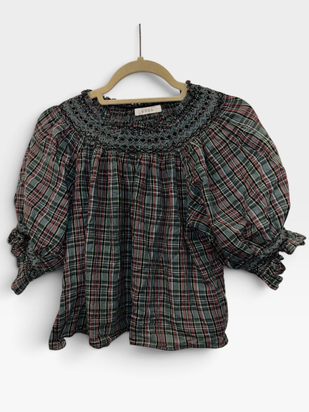 DÔEN Artemisia Top Pond Promenade Plaid smocking puff sleeve XS